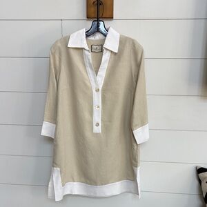 TickernuckBeige and White Button-Up Tunic Dress